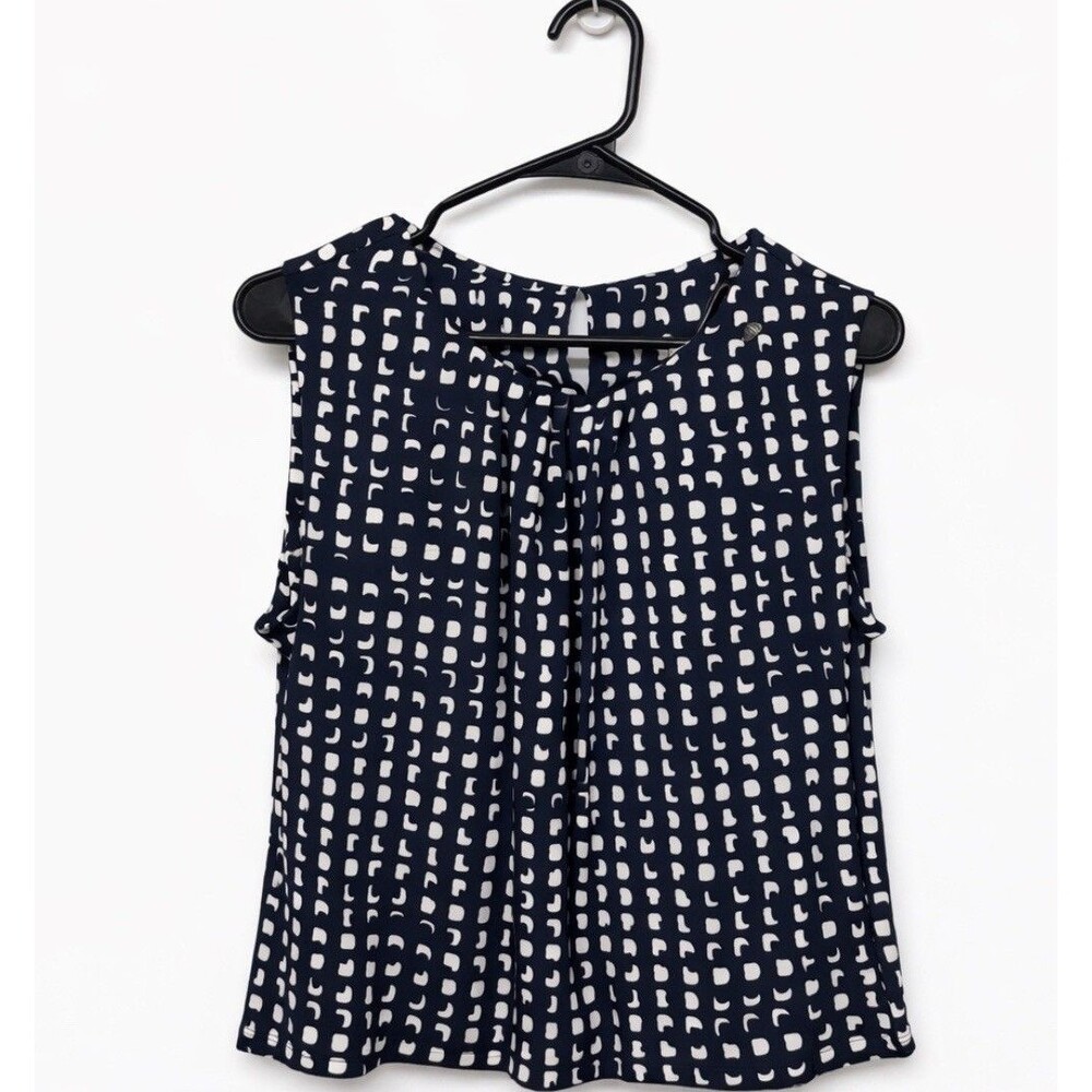 NWT Calvin Klein Women’s XL Blue White Abstract Print Sleeveless Blouse Pleated